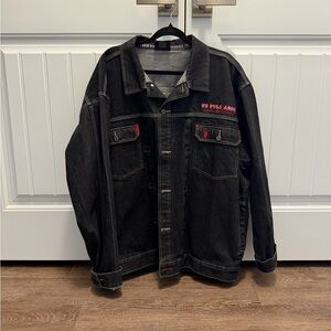 U.S. Polo Assn. Men's Black Denim Shirt Jacket with Red Logo Accents